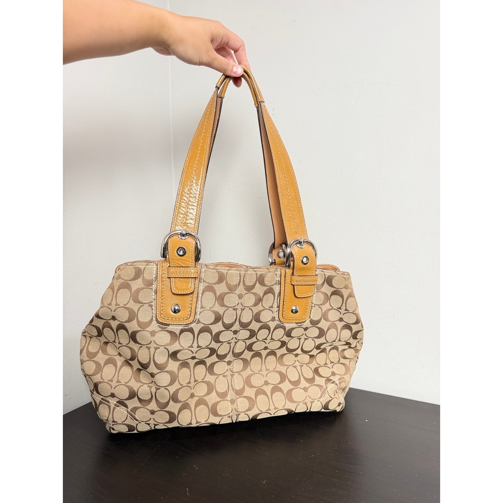 Vintage Y2K Coach Signature Coated Canvas Large Shoulder Bag Tan Brown F13118